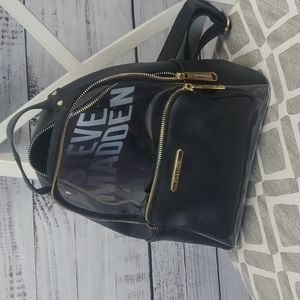 NWOT Steve Madden vegan leather backpack purse black gold hardware clear front